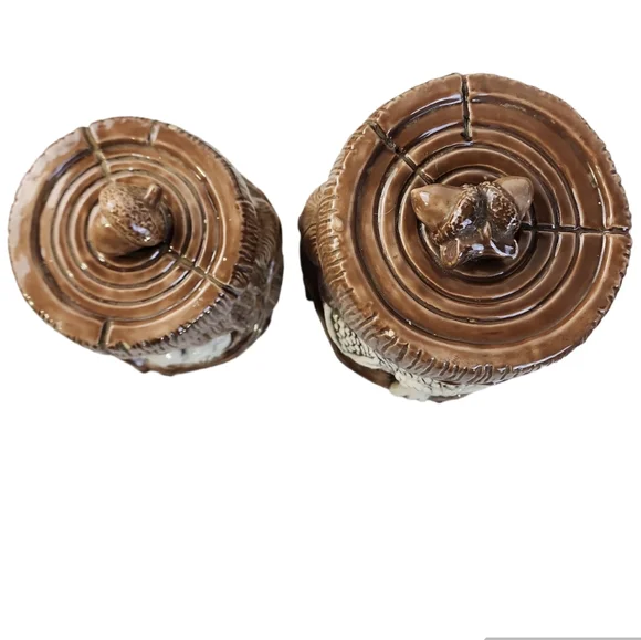 Vintage 1980 Owl Canister Set 2pc Double Sided With Acorn Pull Lids - Picture 6 of 11